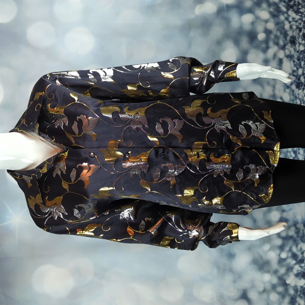 Gantos sz S Rare Vintage Silk Gold & Silver Metallic Shimmering Button Down Top